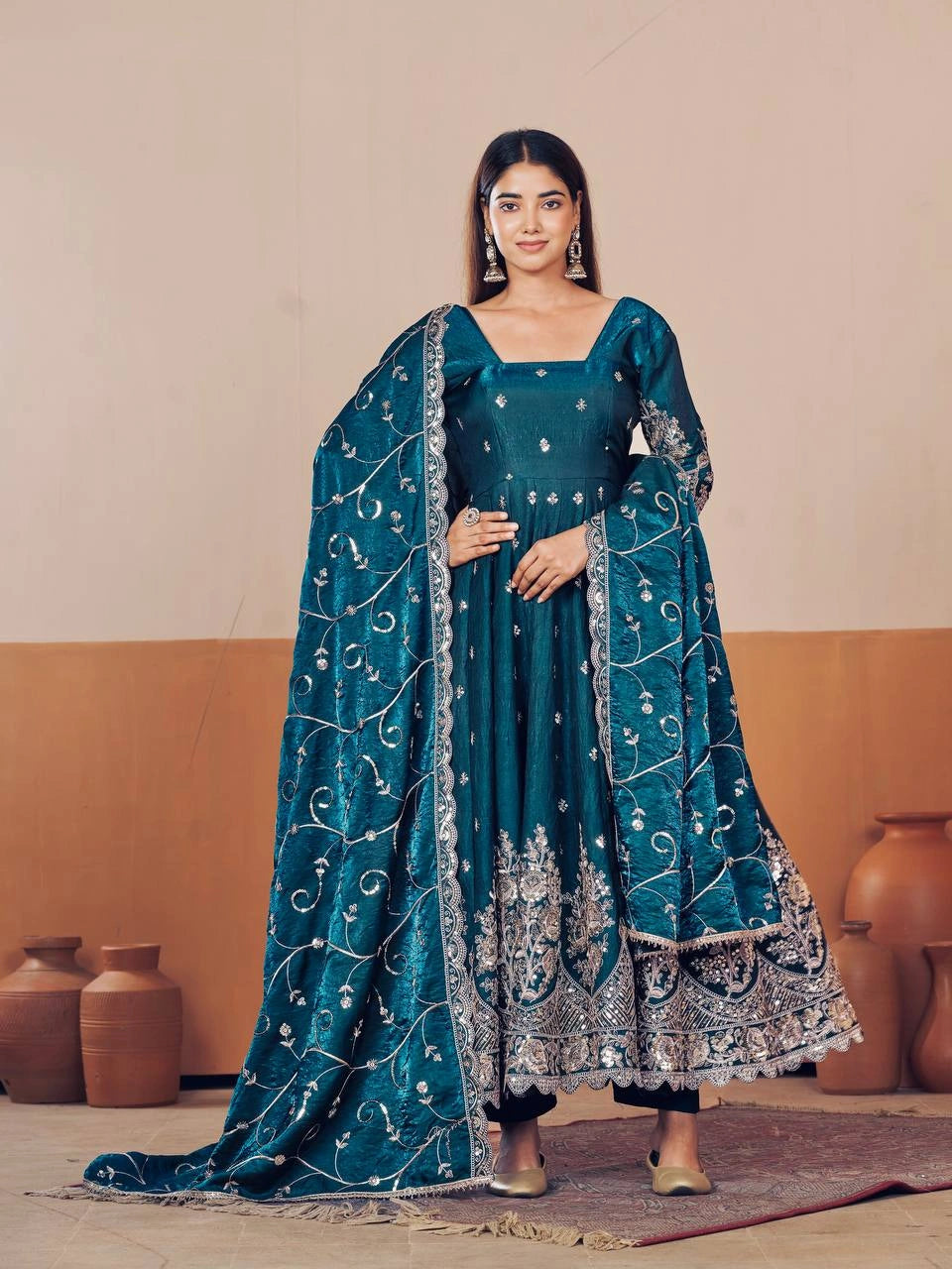 Rama Blue Embroidered Suit codding sequins hem sleeve detail KU267