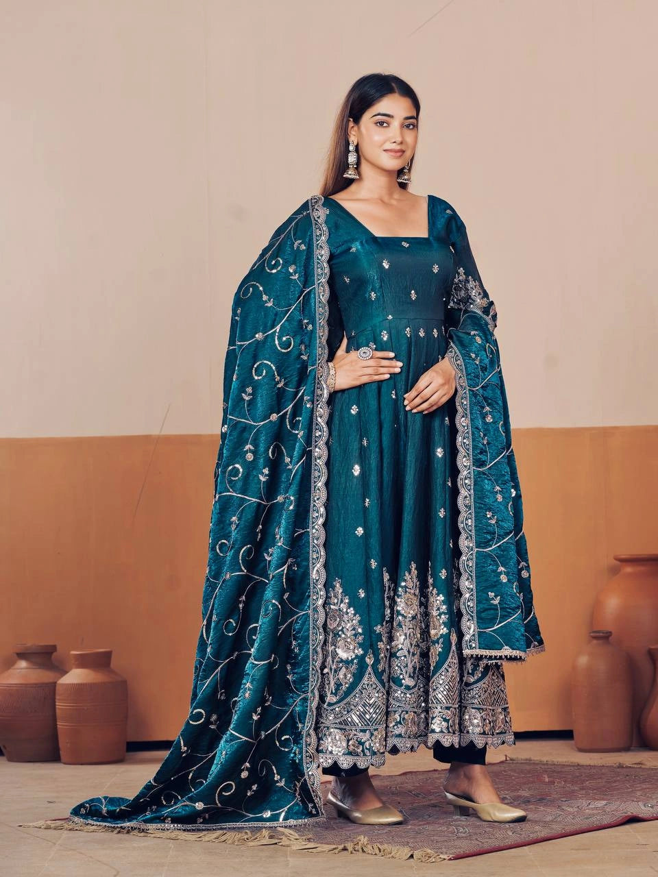 Rama Blue Anarkali Suit back view open dori tie-up neckline KU267