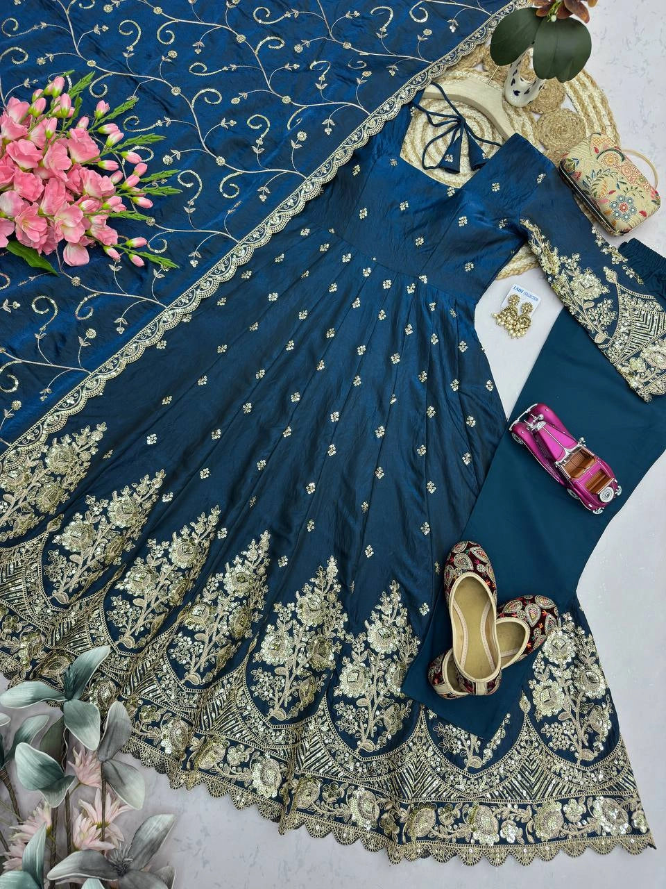Rama Blue Embroidered Codding Suit flatlay complete set overhead KU267