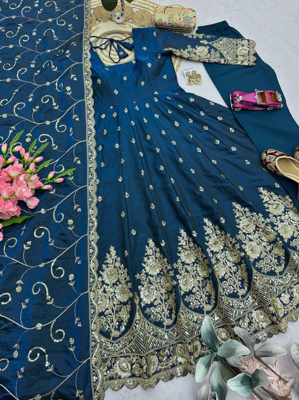 Rama Blue Silk Blend Suit dupatta sequins embroidery flatlay detail KU267
