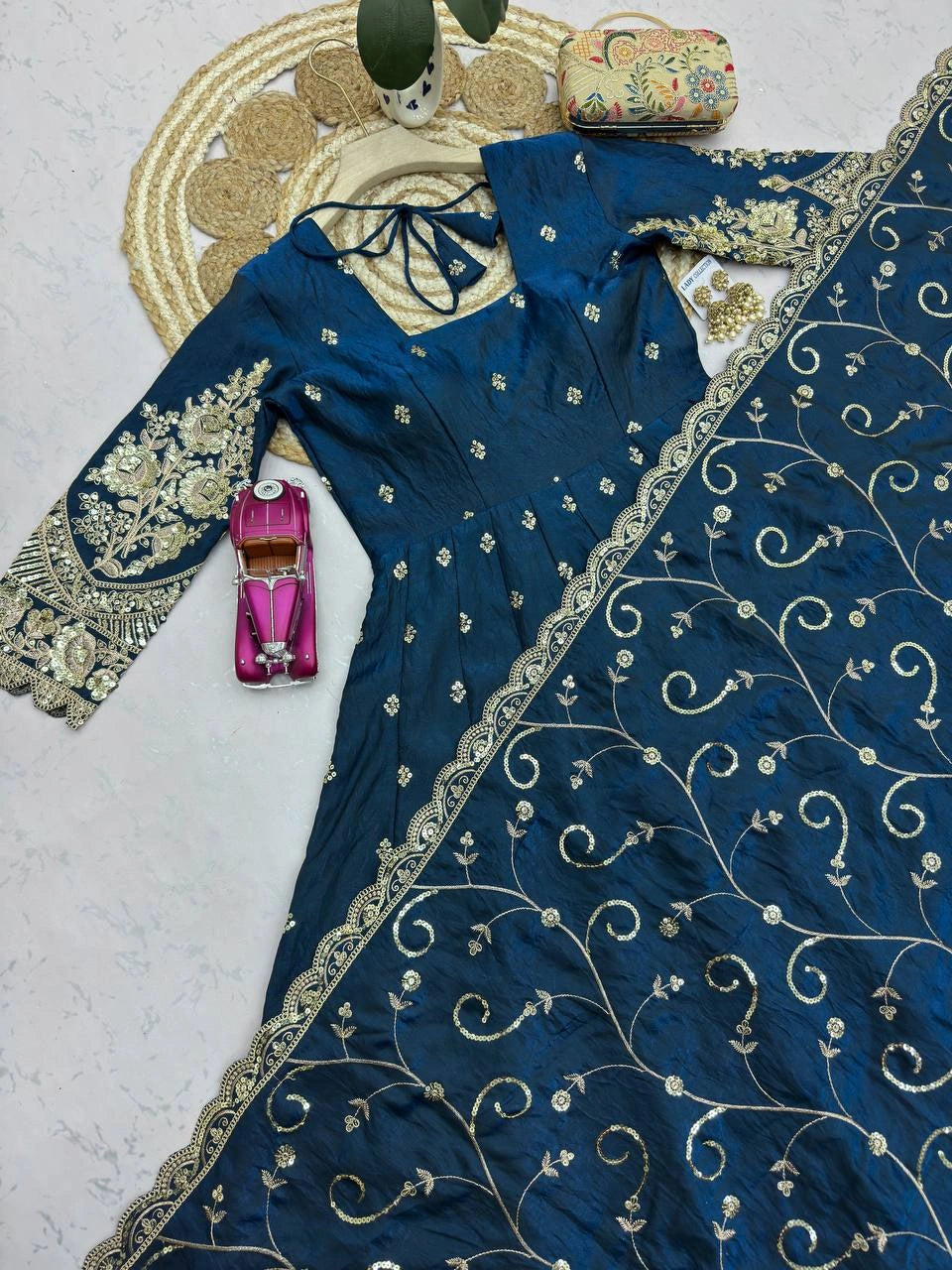 Rama Blue Anarkali Suit flatlay hem codding embroidery close up KU267
