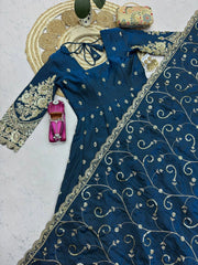 Rama Blue Anarkali Suit flatlay hem codding embroidery close up KU267