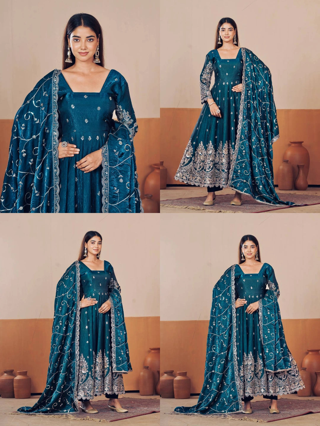 Rama Blue Embroidered Suit complete three piece set flatlay KU267