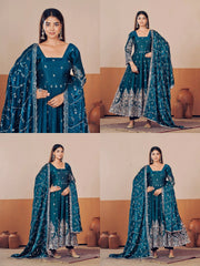 Rama Blue Embroidered Suit complete three piece set flatlay KU267