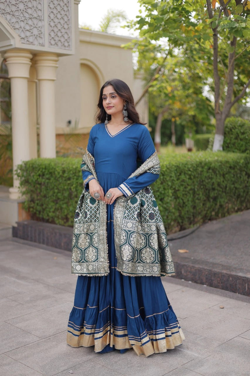 Rama Blue Gota Patti Anarkali Suit three quarter side shot outdoor location
