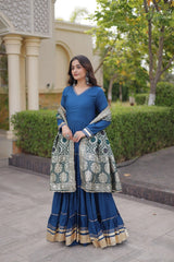 Rama Blue Gota Patti Anarkali Suit three quarter side shot outdoor location