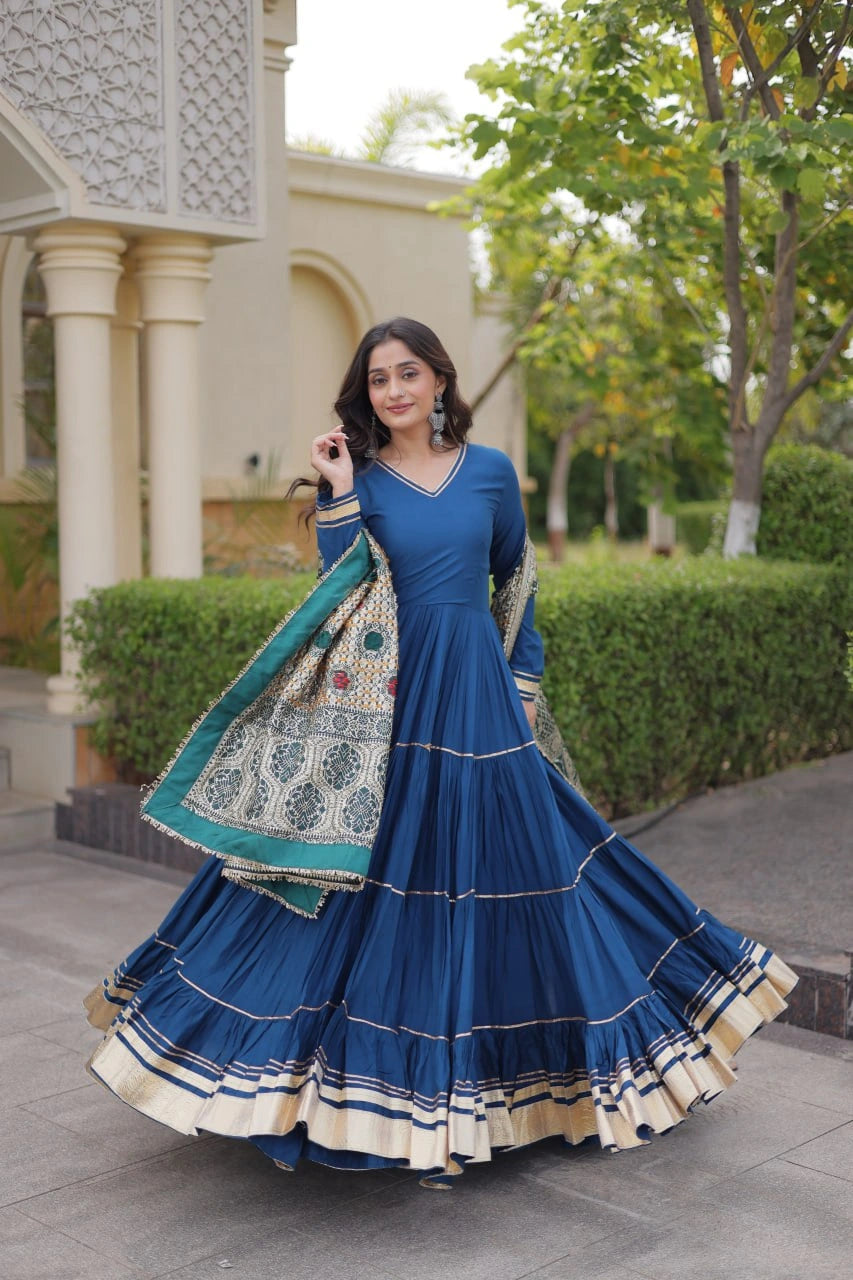 Rama Blue Anarkali Suit full length showing gota patti bands on tiered layers