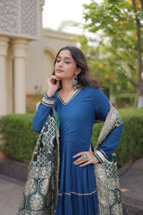 Rama Blue Gota Patti Anarkali Suit three quarter looking sideways model