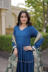 Rama Blue Anarkali Suit close up upper body showing V neckline gota trim cuffs