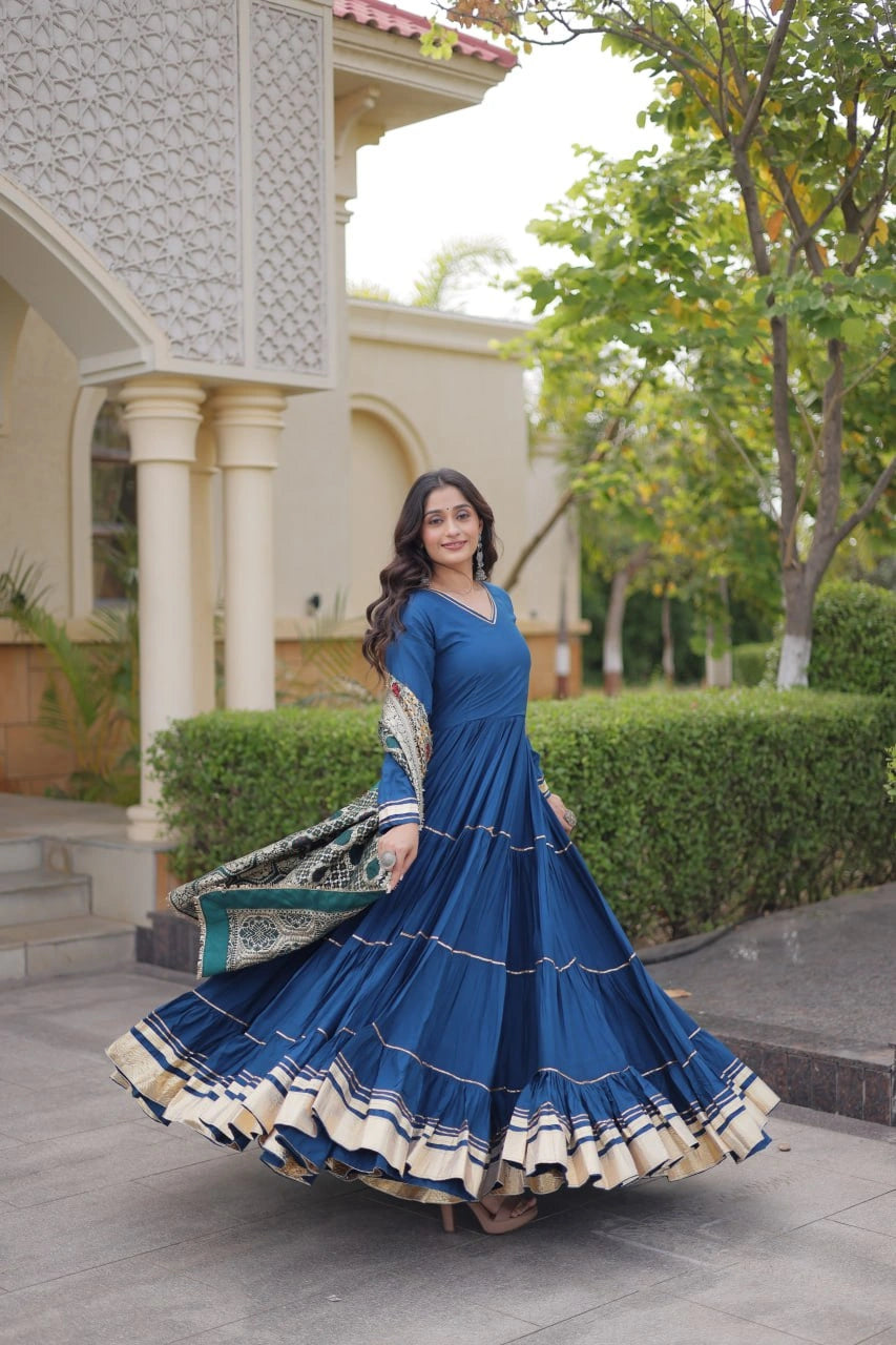 Rama Blue Gota Patti Anarkali Suit twirling showing full flair and Banarasi dupatta