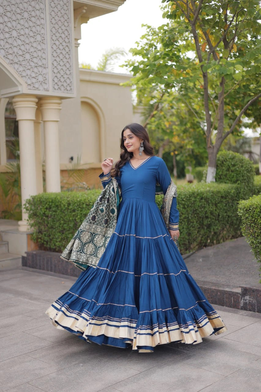 Rama Blue Gota Patti Anarkali Suit model full length showing hem gota patti detail