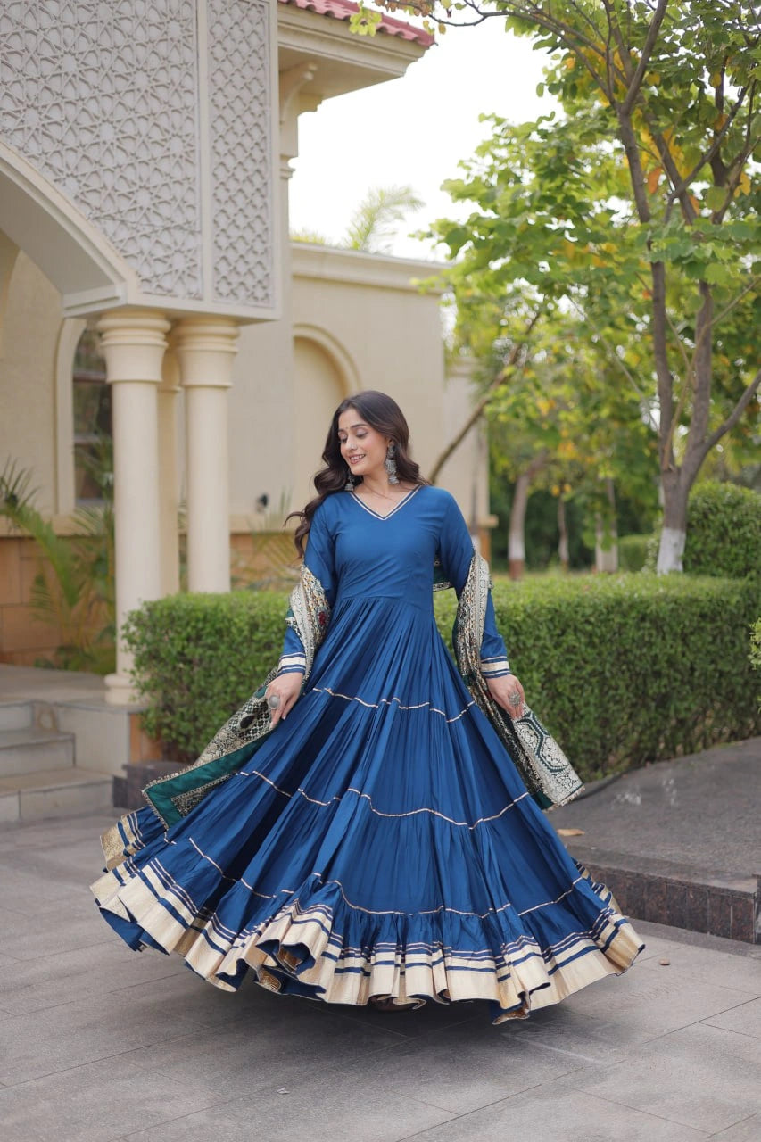 Rama Blue Anarkali Suit full length side outdoor shot showing Banarasi dupatta