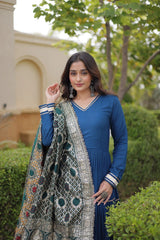 Rama Blue Gota Patti Anarkali Suit three quarter model outdoor floral backdrop