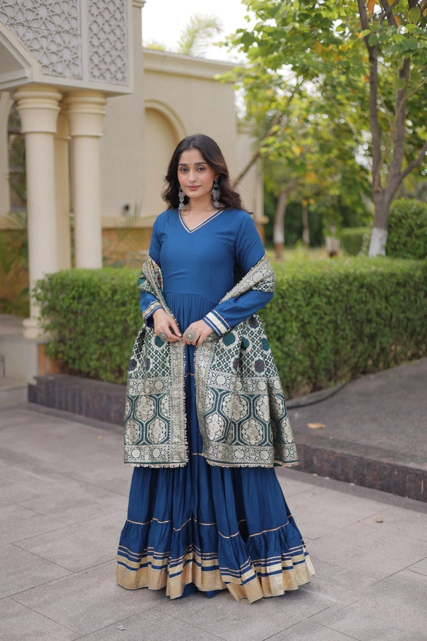 Rama Blue Gota Patti Anarkali Suit best front view model Rayon Blend KU288