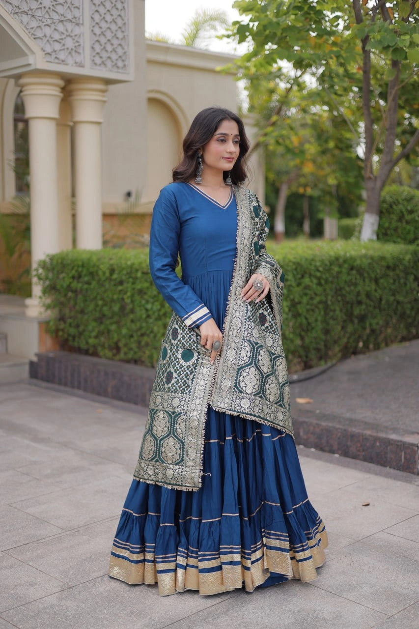 Rama Blue Anarkali Suit three quarter front with dark Banarasi dupatta