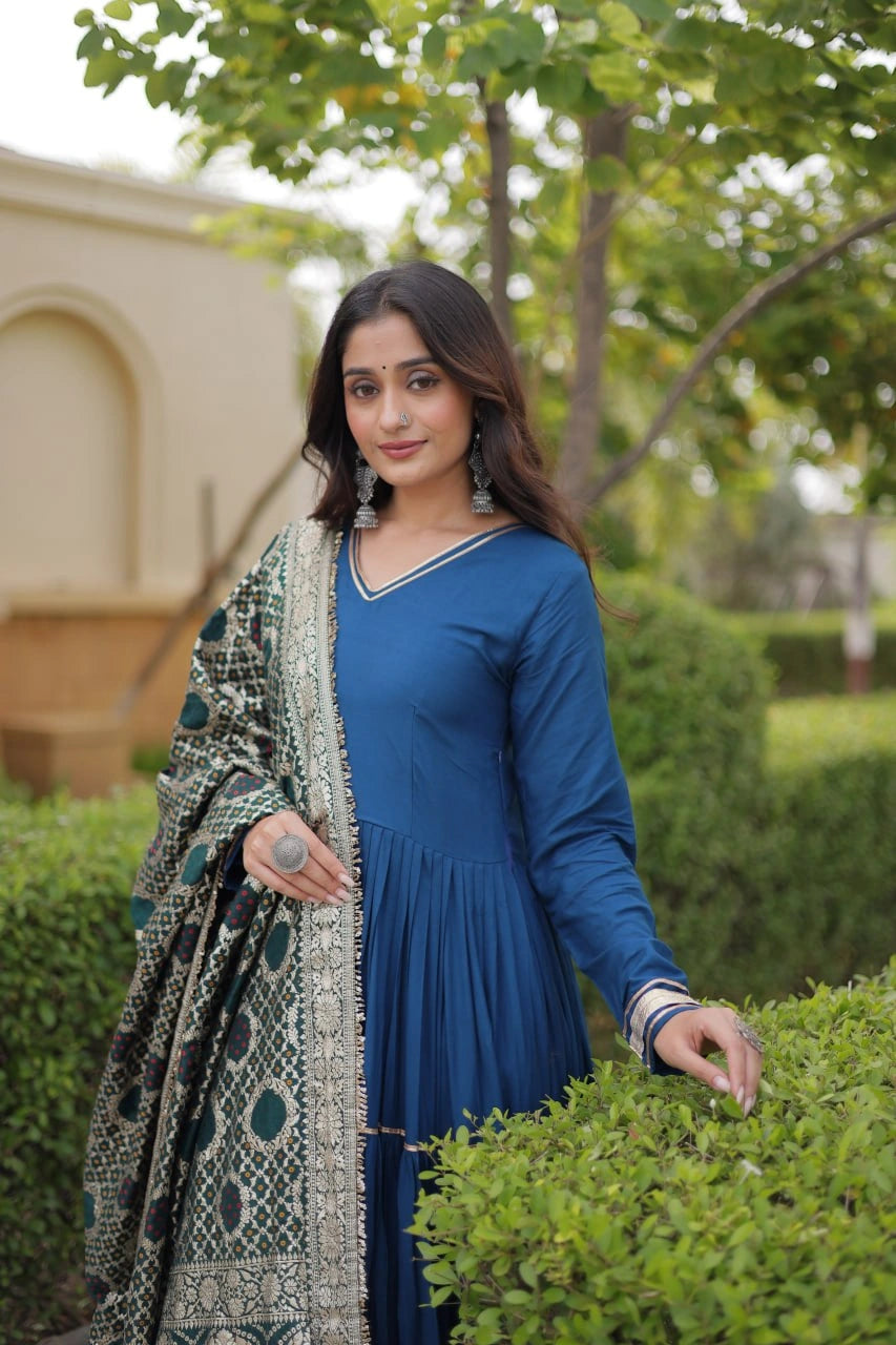Rama Blue Anarkali Suit full length front close up showing gota patti tier bands