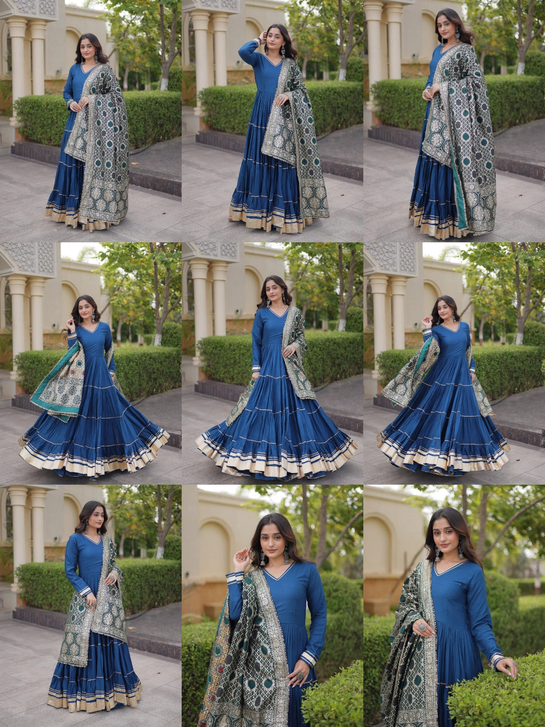 Rama Blue Gota Patti Anarkali Suit KU288 collage all views front side twirling detail