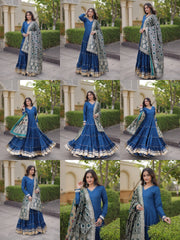 Rama Blue Gota Patti Anarkali Suit KU288 collage all views front side twirling detail