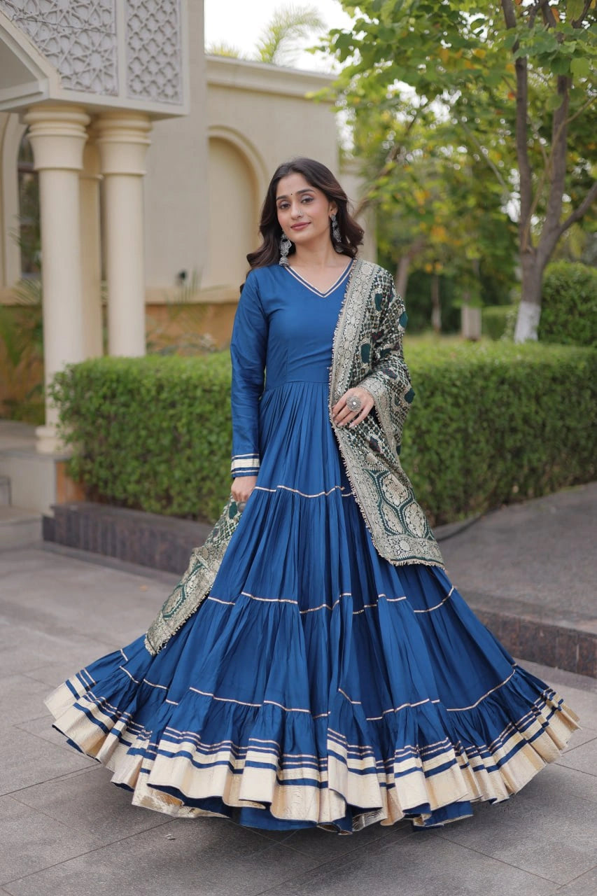 Rama Blue Gota Patti Anarkali Suit twirling showing full Anarkali flair and tiers