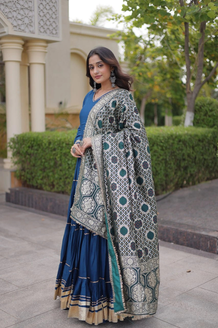 Rama Blue Gota Patti Anarkali Suit front showing dark brocade Banarasi dupatta draped