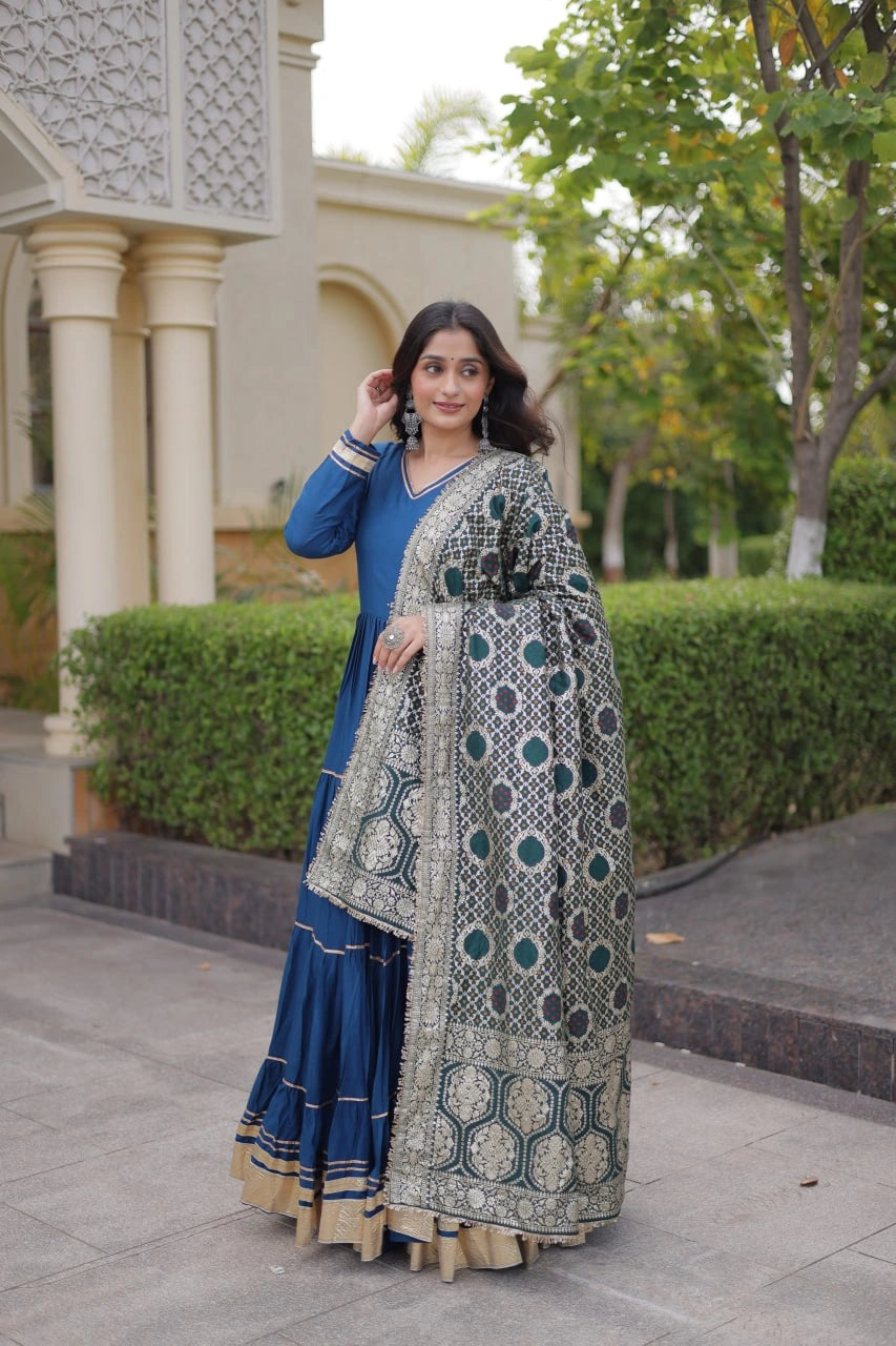 Rama Blue Anarkali Suit three quarter front model with Banarasi dupatta