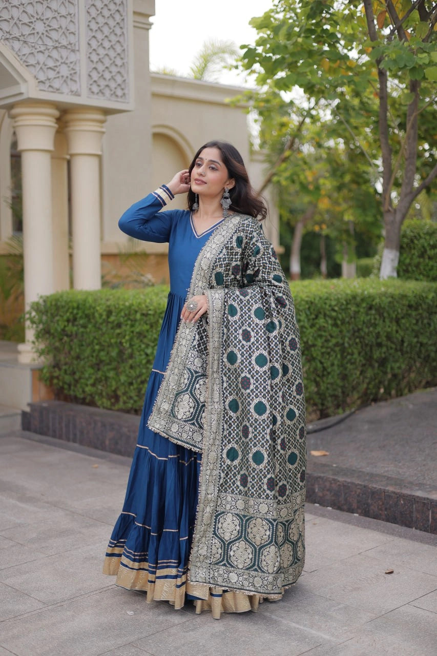 Rama Blue Gota Patti Anarkali Suit full length front model outdoor shot