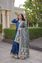 Rama Blue Gota Patti Anarkali Suit full length front model outdoor shot
