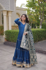 Rama Blue Anarkali Suit full length front shot showing gota patti tiers