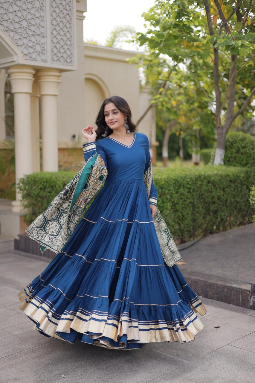 Rama Blue Gota Patti Anarkali Suit side front three quarter outdoor model