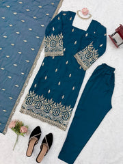 Rama Blue suit and dupatta flat lay showing embroidery detail from above
