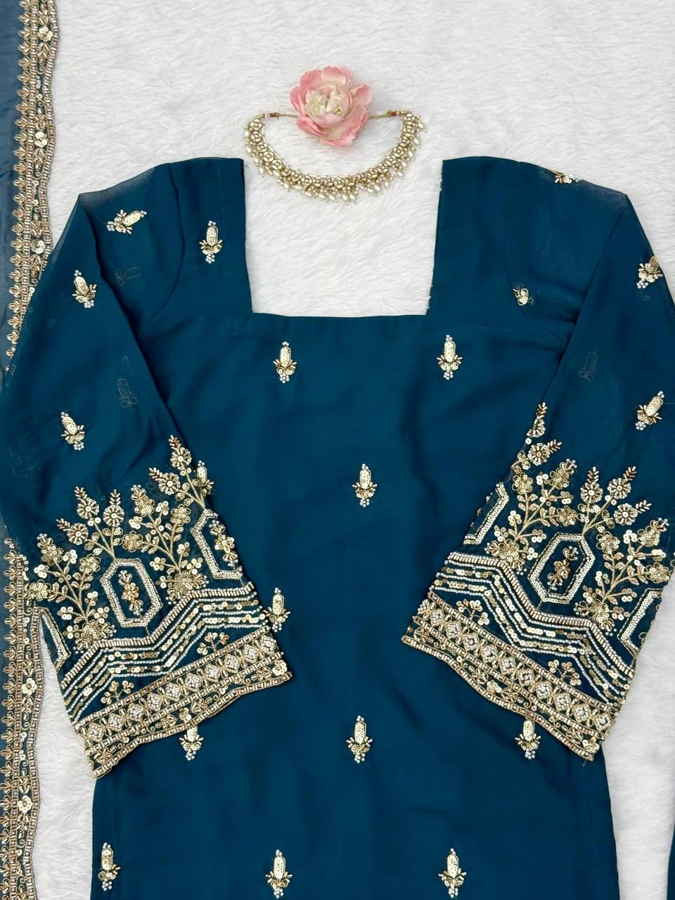 Rama Blue Sequins Suit close up neckline and sleeve cuff embroidery detail