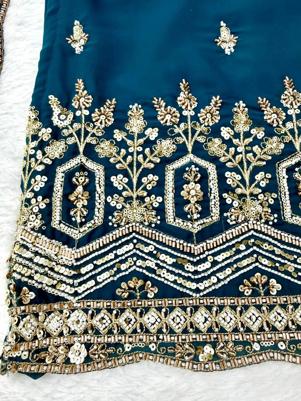 Rama Blue suit extreme close up hem border with heavy beads sequins and floral thread work