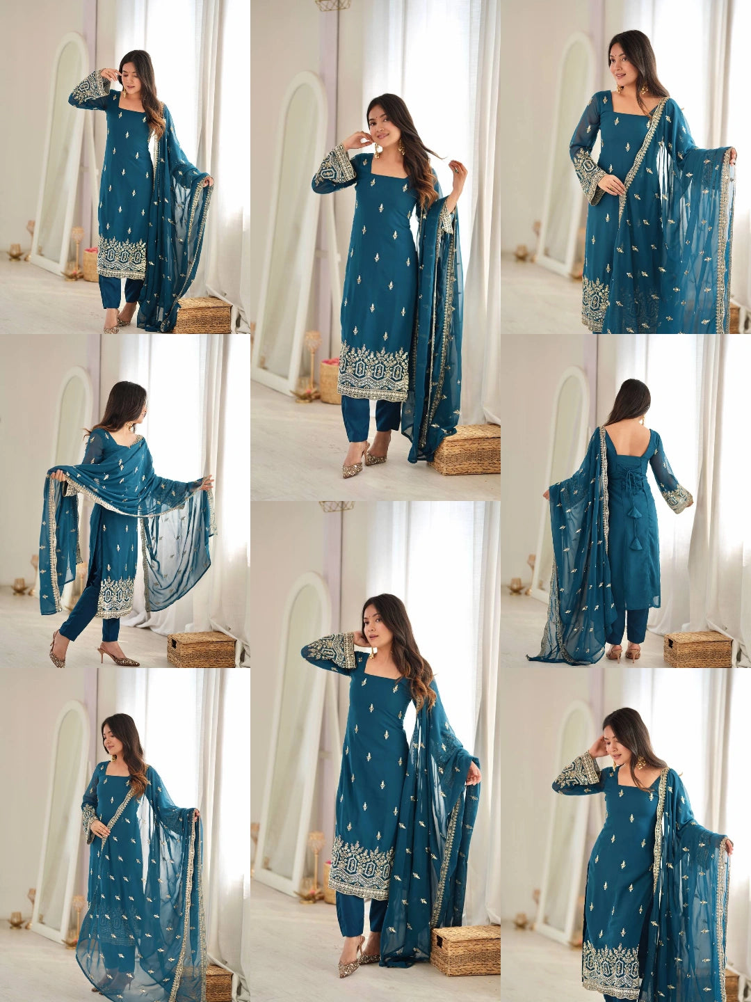 Rama Blue Sequins Suit collage all views front back side detail shots