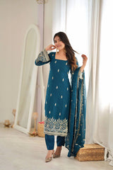 Rama Blue Sequins Suit front view model wearing Faux Georgette 3-piece set KU254