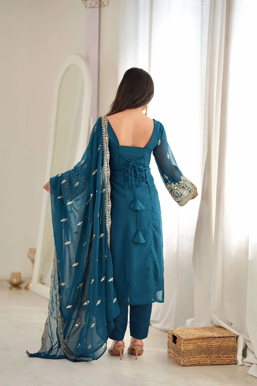 Rama Blue Sequins Suit back view showing open dori tie-up back design