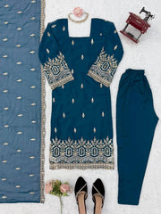 Rama Blue suit flat lay 3-piece set with straight pant and embroidered booti dupatta