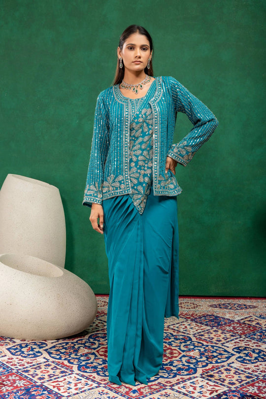 Rama Blue Zari Embroidered Saree KS394 model wedding wear