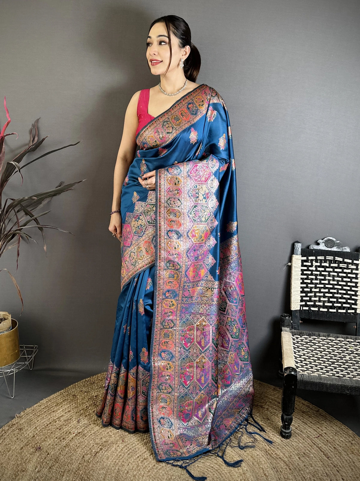 Rama Blue Zari Weaving Saree full front drape – KS372