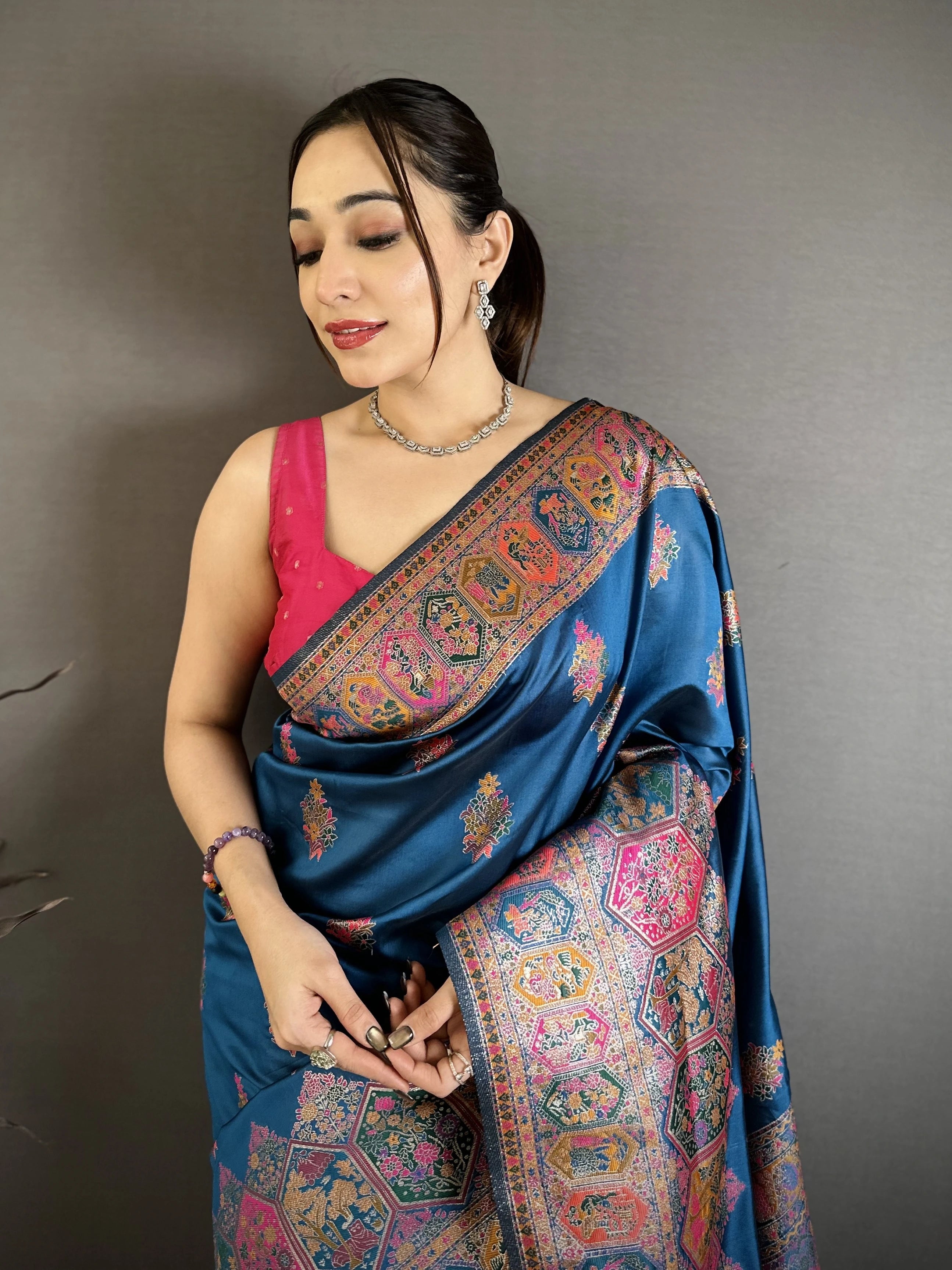Rama Blue Pashmina Silk Blend Saree close-up draping – KS372