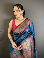 Rama Blue Pashmina Silk Blend Saree close-up draping – KS372