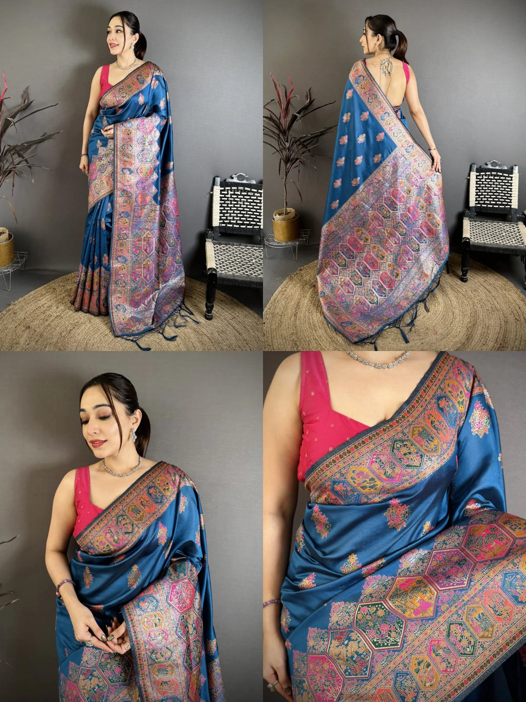 Rama Blue Zari Weaving Saree collage – KS372 Kalyanja