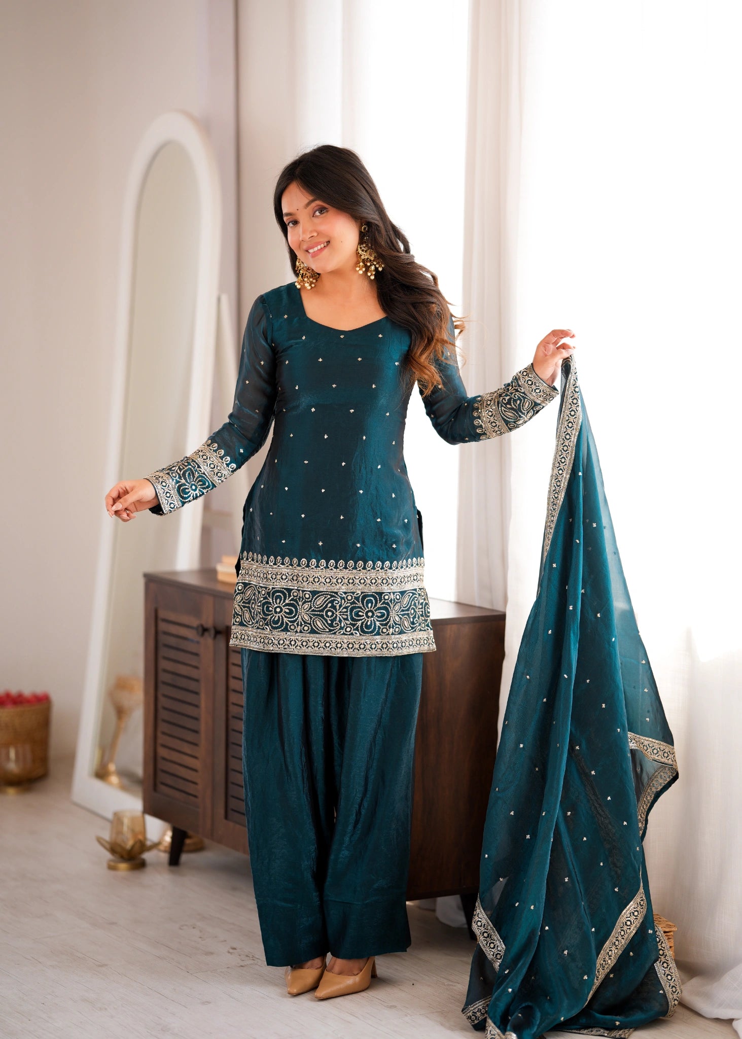 Rama Sequins Embroidered Suit front full-length model view – Kalyanja KU232