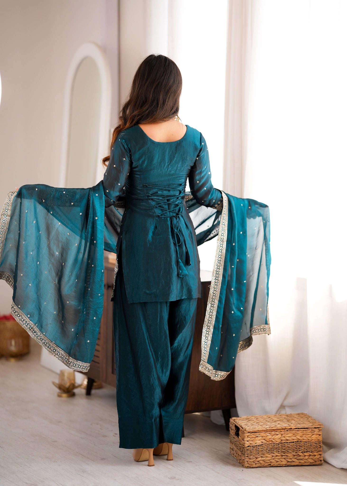 Rama Sequins Embroidered Suit back view Open with Dori Tie-Up – Kalyanja KU232