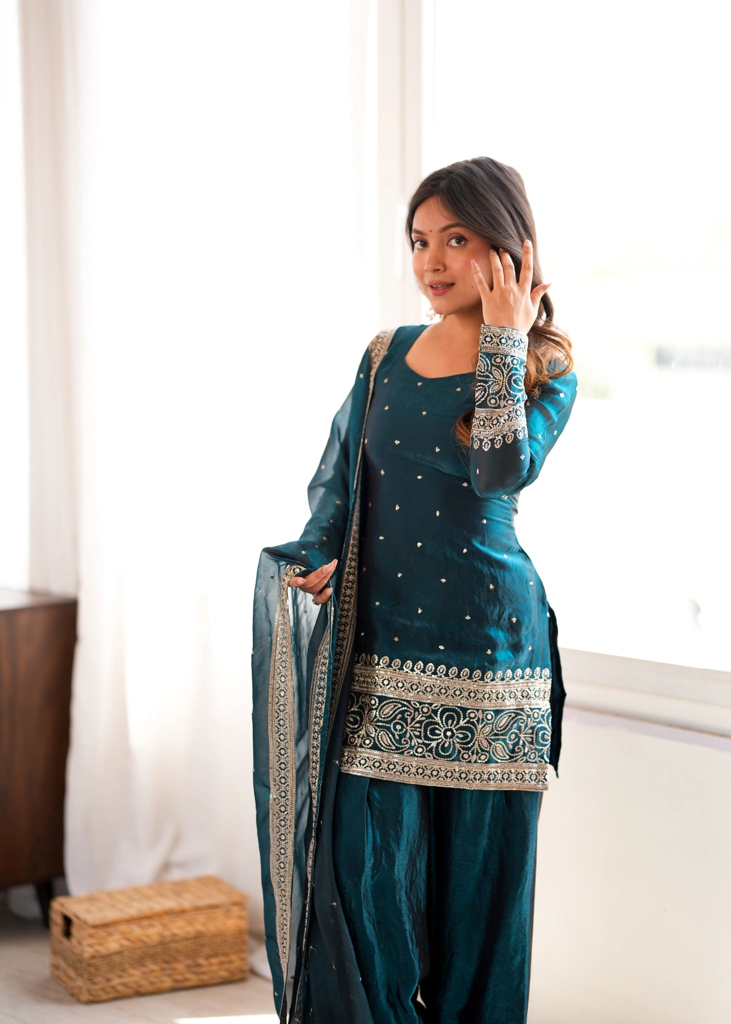 Rama Sequins Embroidered Suit model portrait front – Kalyanja KU232