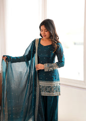 Rama Sequins Embroidered Suit with Embroidered Booti Dupatta – Kalyanja KU232