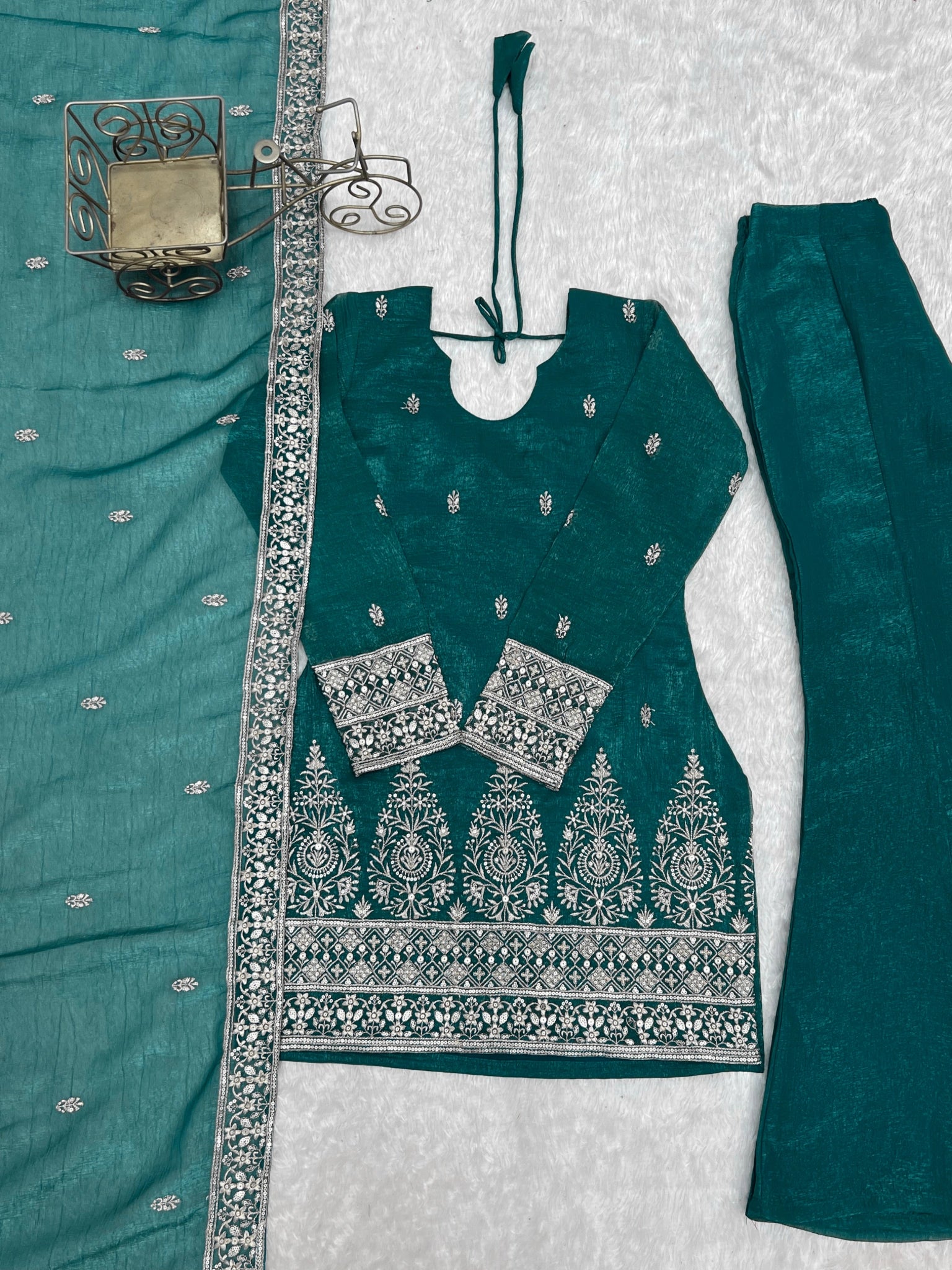 Rama suit flat lay - kurta, pant and dupatta