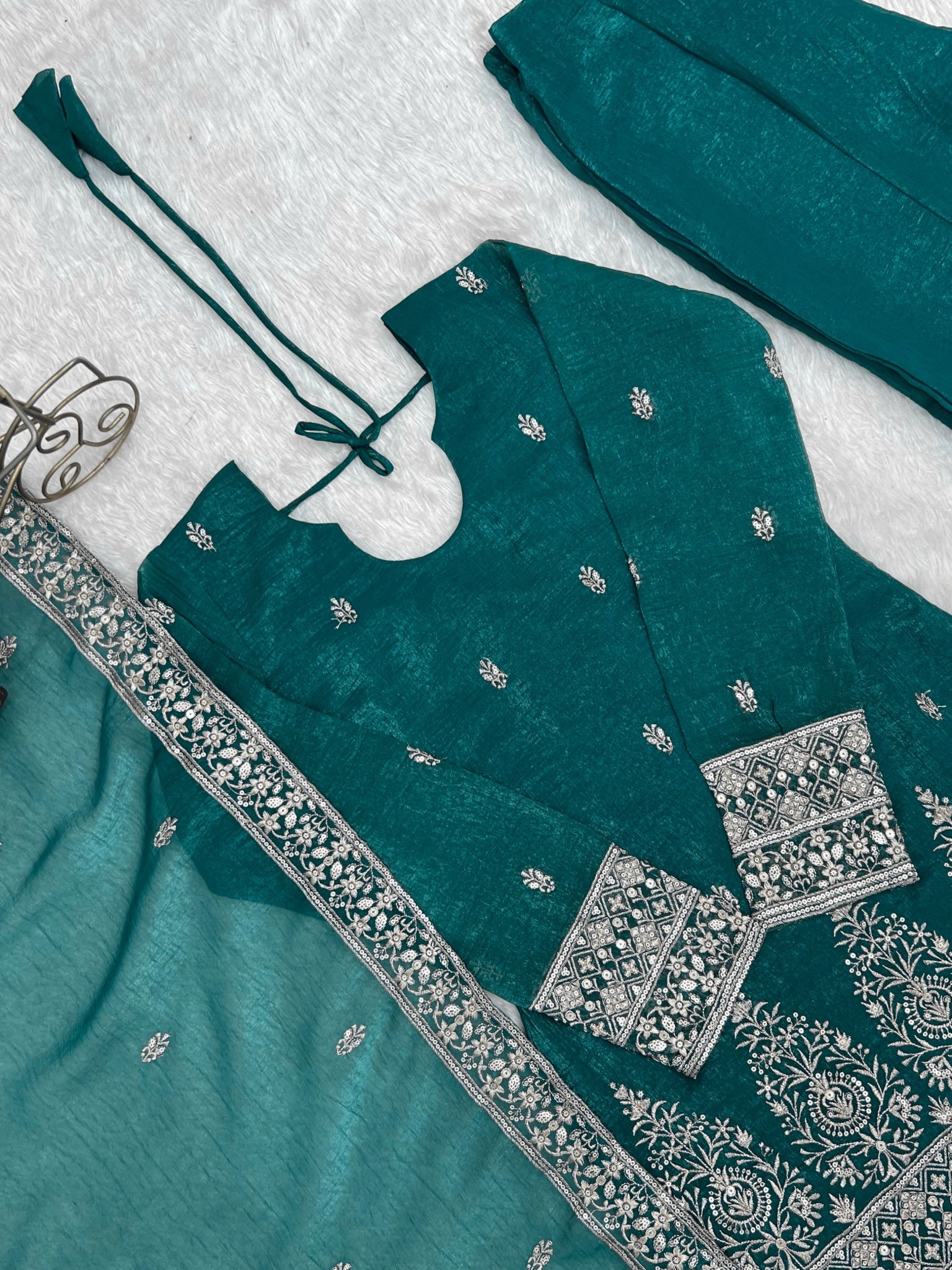 Rama suit flat lay - sequins and zari work