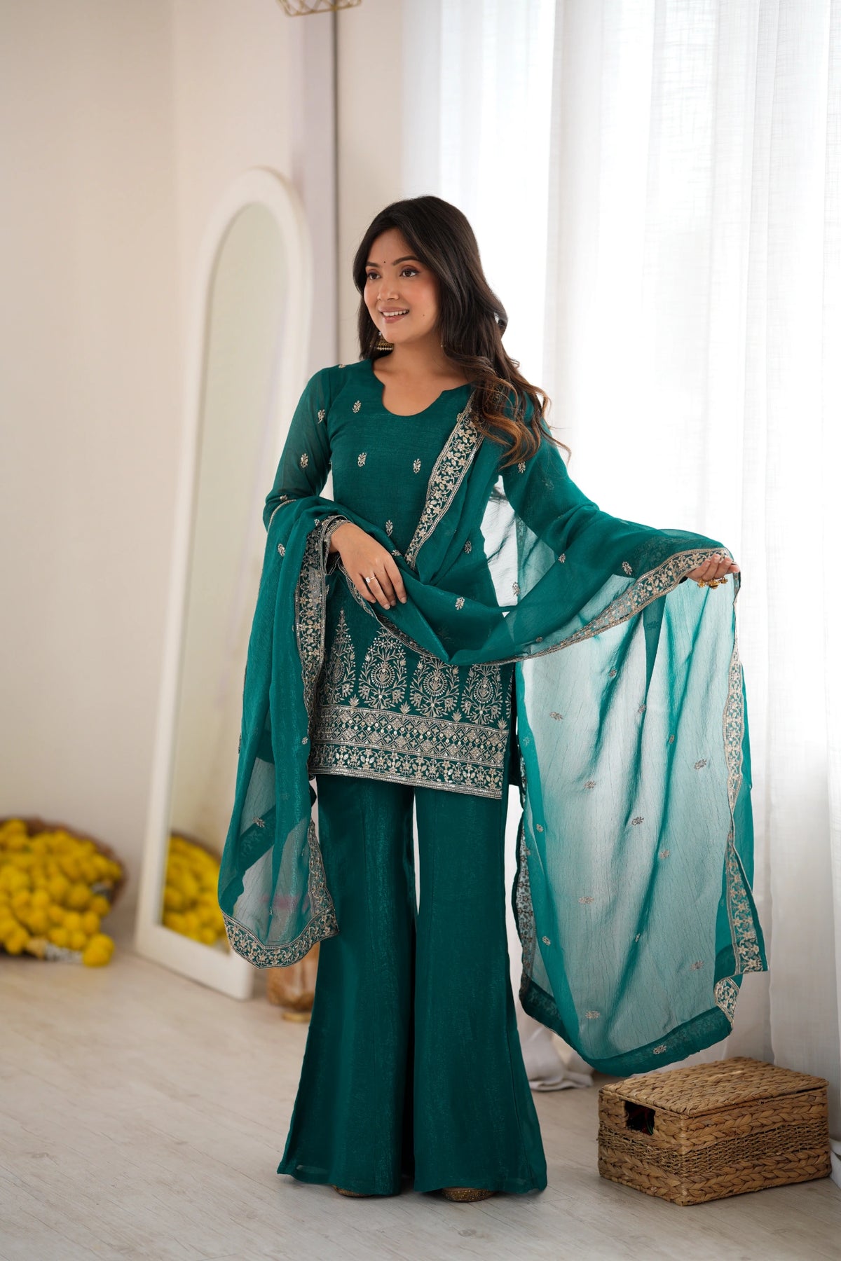 Rama sequins embroidered with zari work suit - model with dupatta