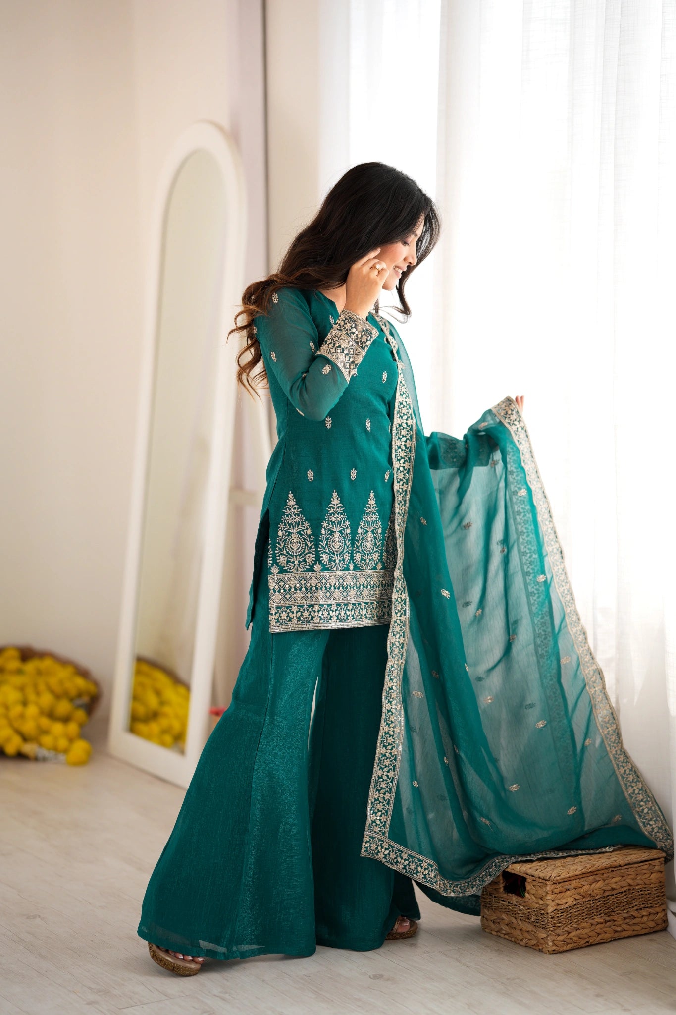 Rama suit - side pose with dupatta