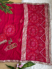 Rani bandhani print with weaving saree full spread with zari strip and printed pallu – Kalyanja KS408